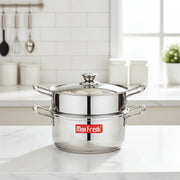 Max Fresh stainless steel 2-tier food steamer with glass lid on kitchen counter